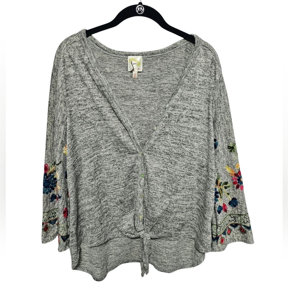 Anthropologie fig & flower Embroidered Knit Tunic Top High Low Bell Sleeve Sz XL